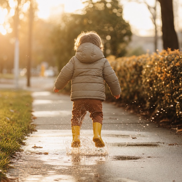 A toddler in yellow rain boots jumping in a puddle at golden hour